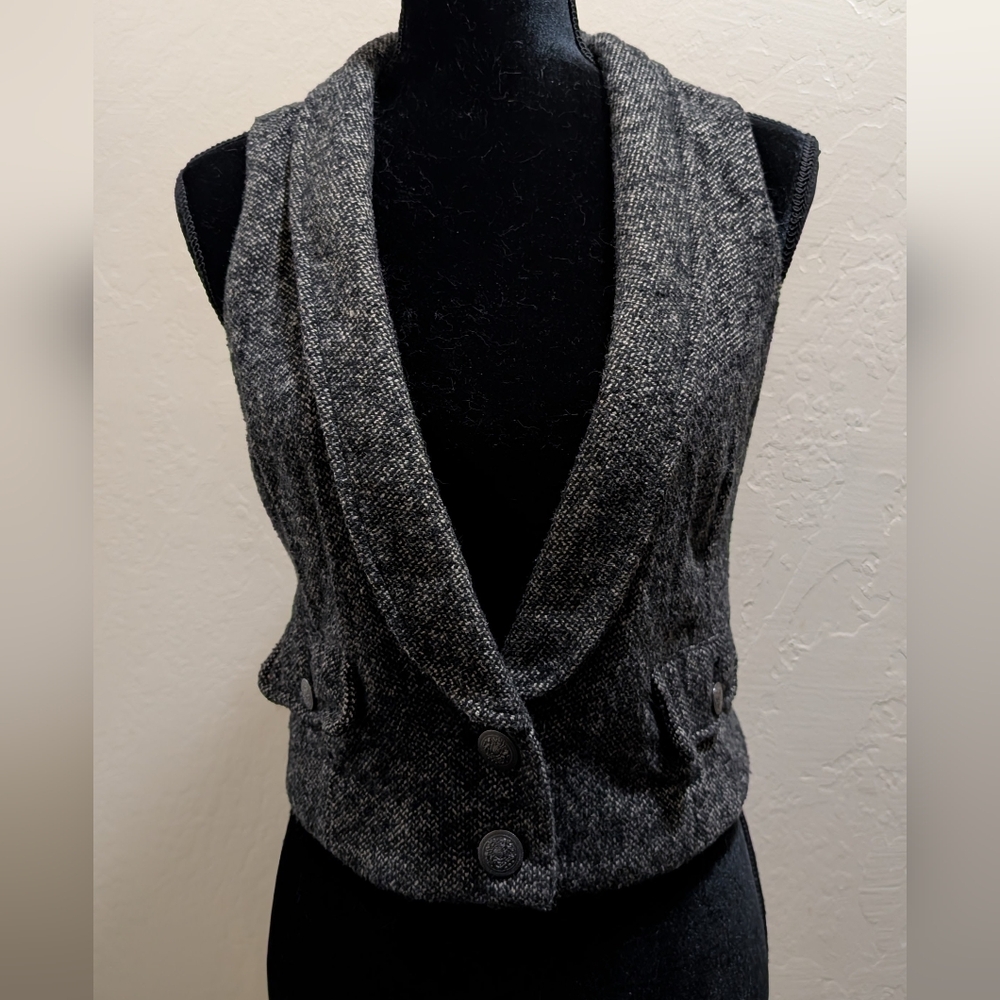 Free People Wool Blend Herringbone Tweed Grey Tuxedo Vest XS - Picture 2 of 12
